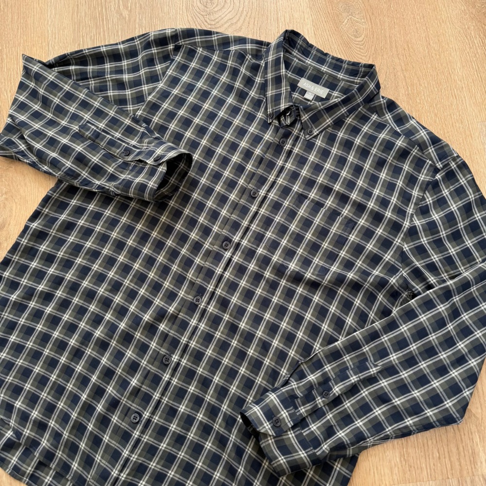 Ash‎ & Erie Plaid Button Down Shirt Mens XL Green Black Bamboo Blend Long Sleeve